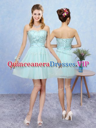 Deluxe Mini Length Aqua Blue Dama Dress Tulle Sleeveless Appliques