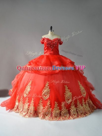 Lovely Red Ball Gowns Organza Off The Shoulder Sleeveless Appliques and Hand Made Flower Lace Up Quinceanera Gown Court Train - Click Image to Close