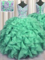 V Neck Turquoise Sleeveless Floor Length Beading and Ruffles Lace Up Sweet 16 Quinceanera Dress