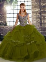 Floor Length Lace Up Quinceanera Gown Olive Green for Military Ball and Sweet 16 and Quinceanera with Beading and Ruffles