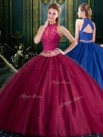 Ideal Halter Top Burgundy High-neck Neckline Appliques Vestidos de Quinceanera Sleeveless Lace Up(SKU SJQDDT952002ABIZ)