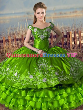 Green Satin Lace Up Off The Shoulder Sleeveless Floor Length Vestidos de Quinceanera Embroidery and Ruffled Layers