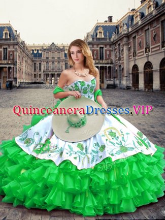 Stunning Sweetheart Sleeveless Sweet 16 Dresses Floor Length Embroidery and Ruffled Layers Green Organza and Taffeta