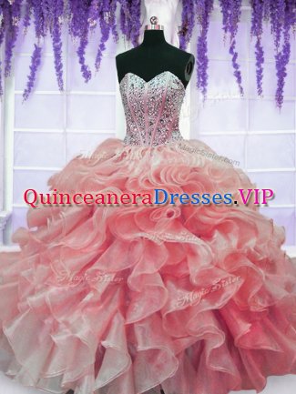 Beautiful Red Organza Lace Up Sweetheart Sleeveless Floor Length Sweet 16 Quinceanera Dress Beading and Ruffles