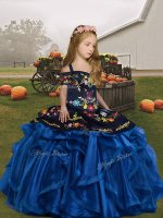 Amazing Blue Kids Formal Wear Party and Wedding Party with Embroidery and Ruffles Straps Sleeveless Lace Up