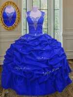 Modern Straps Floor Length Lace Up Vestidos de Quinceanera Royal Blue for Military Ball and Sweet 16 with Beading and Pick Ups(SKU PSSW014-9BIZ)