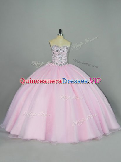 High Class Baby Pink Ball Gowns Tulle Sweetheart Sleeveless Beading Lace Up Ball Gown Prom Dress - Click Image to Close