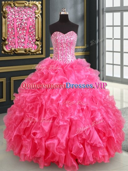 Hot Pink Lace Up Sweet 16 Dresses Beading and Ruffles and Sequins Sleeveless Floor Length - Click Image to Close