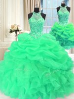 Delicate Three Piece Green Ball Gowns High-neck Sleeveless Organza Floor Length Lace Up Beading and Pick Ups Quinceanera Gown(SKU PSSW536KC002-2BIZ)