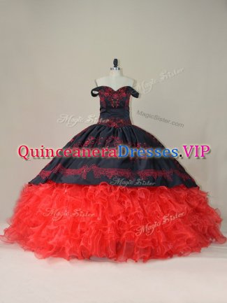 Beauteous Red And Black Ball Gowns Satin and Organza Off The Shoulder Sleeveless Embroidery and Ruffles Lace Up Quince Ball Gowns Brush Train