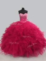 New Arrival Floor Length Hot Pink Sweet 16 Quinceanera Dress Tulle Sleeveless Beading and Ruffles