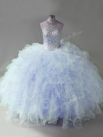 Lavender Ball Gowns Beading and Ruffles Quinceanera Dresses Lace Up Tulle Sleeveless Floor Length