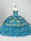 Shining Sleeveless Satin and Organza Brush Train Lace Up Quinceanera Dress in Teal with Embroidery and Ruffled Layers