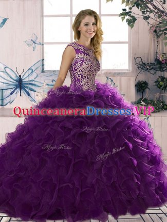 Sleeveless Floor Length Beading and Ruffles Lace Up Quince Ball Gowns with Purple