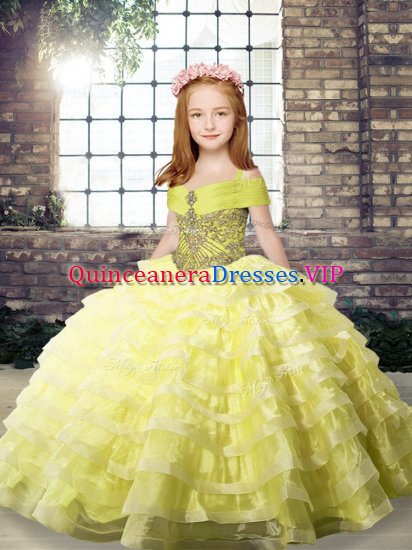 Glorious Yellow Sleeveless Organza Brush Train Lace Up Kids Formal Wear for Party and Military Ball and Wedding Party - Click Image to Close