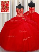 Pretty Red Lace Up Sweetheart Beading and Pick Ups Ball Gown Prom Dress Tulle Sleeveless