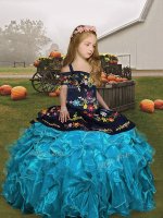 Latest Aqua Blue Ball Gowns Organza Straps Sleeveless Embroidery and Ruffles Floor Length Lace Up Child Pageant Dress(SKU PAG1286-6BIZ)