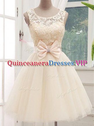 Graceful Champagne Lace Up Vestidos de Damas Lace and Bowknot Sleeveless Knee Length