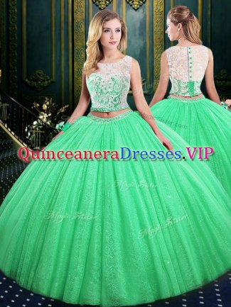 Sexy Scoop Sleeveless Tulle and Sequined Floor Length Lace Up Quinceanera Dress in with Lace and Sequins