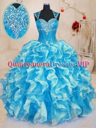 Sweet Sweetheart Sleeveless Lace Up Quince Ball Gowns Aqua Blue Organza