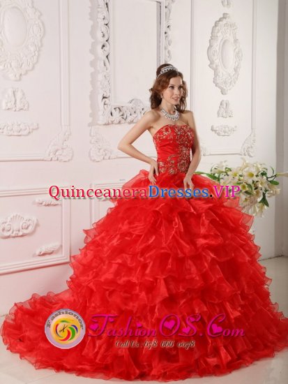 Ruffles and Embroidery Informal Red Quinceanera Dress Strapless Organza Brush Train Ball Gown in Research Triangle Park Carolina/NC - Click Image to Close