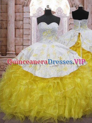 High Quality Yellow And White Lace Up Sweet 16 Quinceanera Dress Beading and Appliques and Ruffles Sleeveless Brush Train