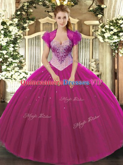 Superior Sweetheart Sleeveless 15 Quinceanera Dress Floor Length Beading Fuchsia Tulle - Click Image to Close