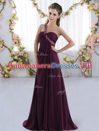 One Shoulder Sleeveless Court Dresses for Sweet 16 Brush Train Beading Dark Purple Chiffon