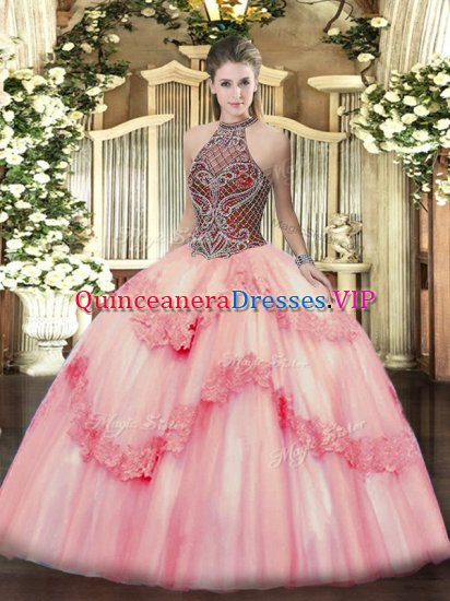 High Quality Sleeveless Tulle Floor Length Lace Up 15th Birthday Dress in Pink with Beading and Appliques - Click Image to Close