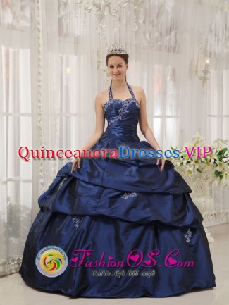 Miami Oklahoma/OK Appliques Decorate Halter and sweetheart Simple Navy Blue Quinceanera Dress For Taffeta Ball Gown