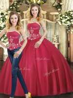 Spectacular Red Strapless Neckline Beading Quince Ball Gowns Sleeveless Lace Up