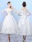 Simple White Quinceanera Court of Honor Dress Prom and Party and Wedding Party with Beading and Lace and Bowknot Scoop Short Sleeves Lace Up