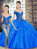 Royal Blue Two Pieces Off The Shoulder Sleeveless Tulle Floor Length Lace Up Beading and Ruffles 15th Birthday Dress