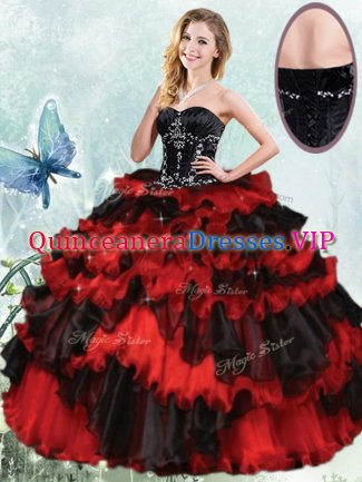 Beading and Ruffled Layers Sweet 16 Quinceanera Dress Red And Black Lace Up Sleeveless Floor Length