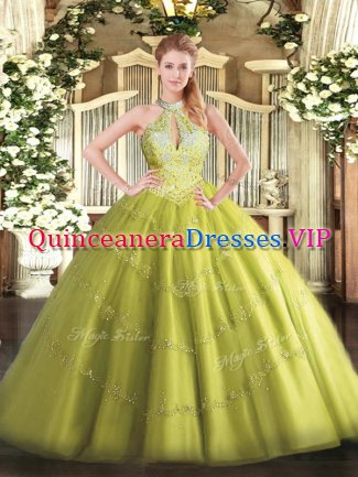 Floor Length Yellow Green Quinceanera Dresses Halter Top Sleeveless Lace Up