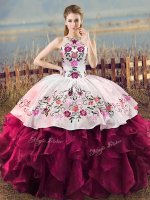 Colorful Fuchsia Ball Gowns Embroidery and Ruffles Quinceanera Dress Lace Up Organza Sleeveless Floor Length