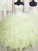 Yellow Green Ball Gowns Beading and Ruffles Quinceanera Dresses Lace Up Organza Sleeveless Floor Length