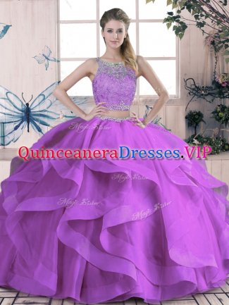 Purple Sleeveless Beading and Lace and Ruffles Floor Length Quinceanera Dresses