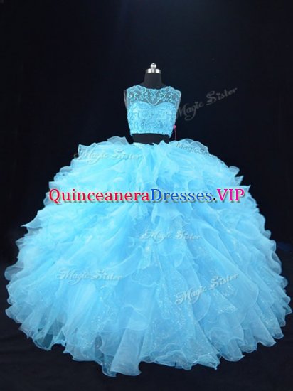 Floor Length Aqua Blue Quince Ball Gowns Organza Sleeveless Beading and Ruffles - Click Image to Close