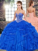 Pretty Royal Blue Ball Gowns Sweetheart Sleeveless Tulle Floor Length Lace Up Beading and Ruffles Ball Gown Prom Dress(SKU SJQDDT2082002BIZ)