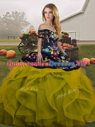 Olive Green Vestidos de Quinceanera Military Ball and Sweet 16 and Quinceanera with Embroidery and Ruffles Off The Shoulder Sleeveless Lace Up