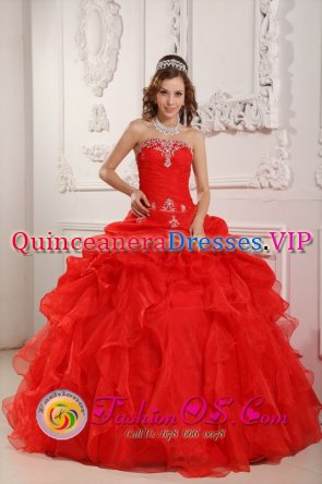 Benalup Spain Custom Made Strapless Red Appliques and Ruched Bodice Ruffles Organza Quinceanera Dress