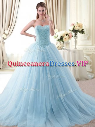 Classical Floor Length Lace Up 15th Birthday Dress Light Blue for Military Ball and Sweet 16 and Quinceanera with Beading