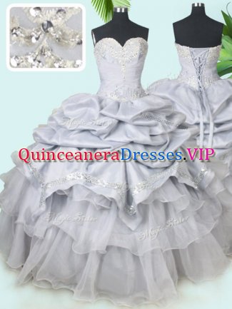 Latest Grey Ball Gowns Beading and Sequins and Pick Ups Quince Ball Gowns Lace Up Organza and Taffeta Sleeveless Floor Length