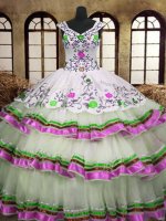 Multi-color Organza Lace Up V-neck Sleeveless Floor Length Ball Gown Prom Dress Embroidery and Ruffled Layers