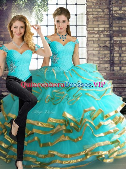 Sleeveless Tulle Floor Length Lace Up Quinceanera Dresses in Aqua Blue with Beading and Ruffled Layers - Click Image to Close