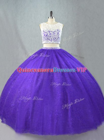 Beautiful Purple Two Pieces Tulle Scoop Sleeveless Appliques Floor Length Zipper Vestidos de Quinceanera - Click Image to Close