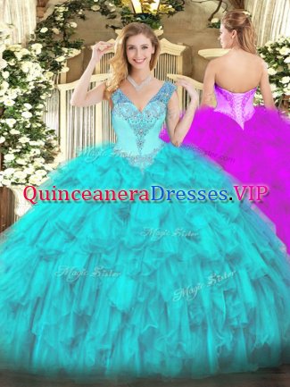 High Quality Organza V-neck Sleeveless Lace Up Beading and Ruffles Sweet 16 Quinceanera Dress in Aqua Blue