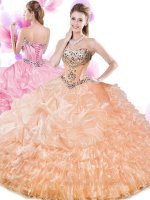 Custom Designed Floor Length Lace Up Quinceanera Dress Orange for Military Ball and Sweet 16 and Quinceanera with Beading and Ruffled Layers and Pick Ups