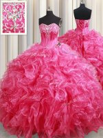 New Style With Train Hot Pink Sweet 16 Quinceanera Dress Sweetheart Sleeveless Brush Train Lace Up